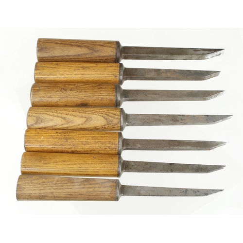 744 - A set of 7 little used mortice chisels by IBBOTSON 1/8