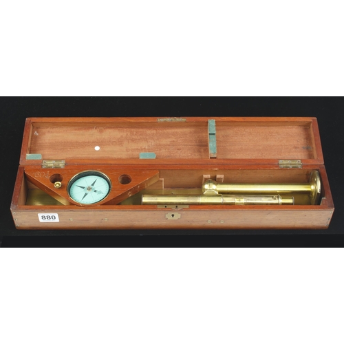 880 - A brass telescopic alidade by STANLEY London with separate compass in orig mahogany box marked 1871 ... 