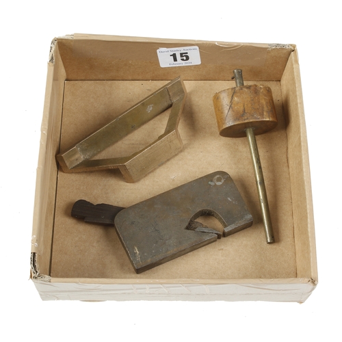 15 - A small steel soled brass rebate plane, mitre template and gauge G