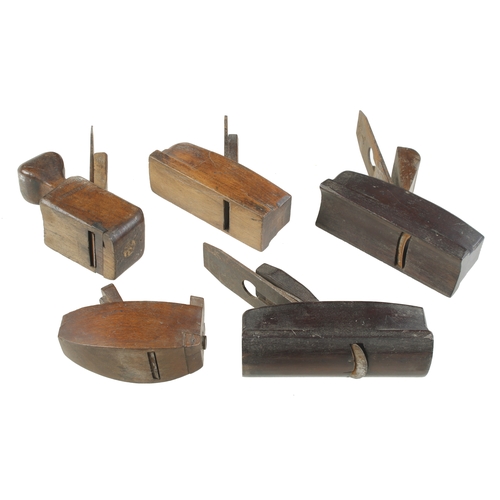 153 - A pair of rosewood H & R smoothers, a beech compass plane and two others (one wedge replaced) G