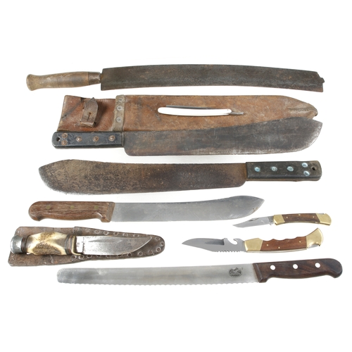 205 - A machete by S & J KITCHIN dated 1946 with Broad Arrow in leather scabbard and 7 other knives G