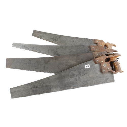 242 - Two DISSTON rip saws with finger hole handles and two others G+