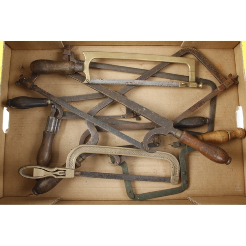 253 - Three Lancashire pattern hack saws, two in brass and 3 others G+