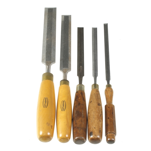 360 - Five bevel edge chisels 7/16