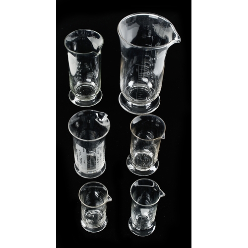 377 - Six Victorian glass measures 100ml, 4 Fl oz, 200cc, 1/2 pt, pt and Quart, not for mailing G++