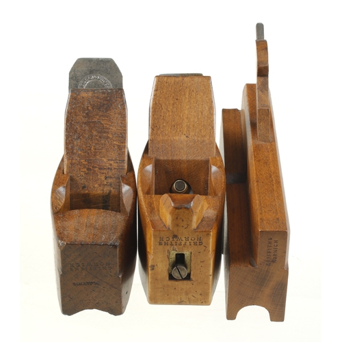 817 - A compass plane with boxwood nose adjuster, a forkstaff plane and a 1