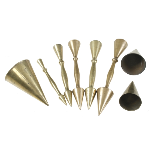 824 - Five organ builder's stylish brass tuning/voicing cones and 3 others G+