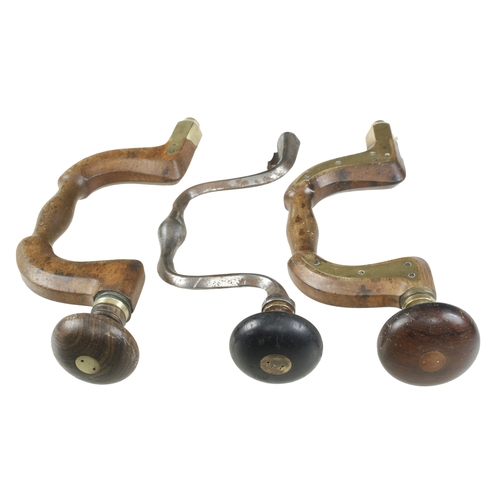 524 - A brass plated button pad beech brace by MOULSON Bros another unnamed and an iron brace G