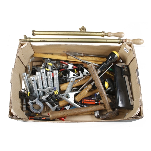 574 - Five hammers, two brass garden sprays and quantity of clips G