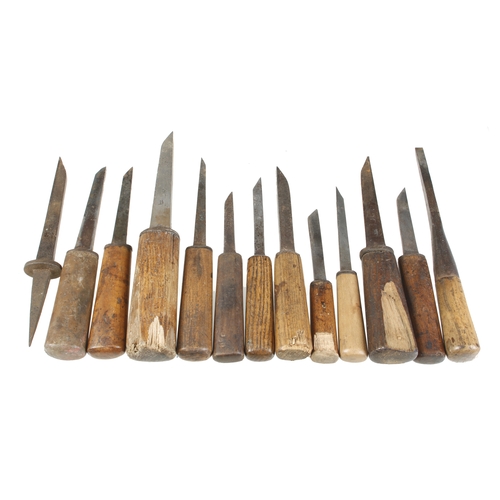 580 - 13 mortice chisels by early makers inc. LAW, CAM, GREEN, BISHOP, SHAW, ALLYN etc G