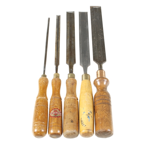 655 - Five long bevel edge paring chisels G+