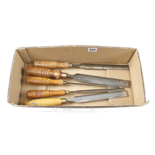 655 - Five long bevel edge paring chisels G+