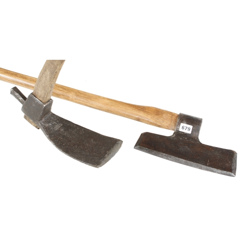 679 - A R/H side axe by BRADES with incorrect handle and an adze by GILPIN G