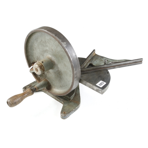 683 - A lead mitre trimming wheel with adjustable fence, lacks iron G+