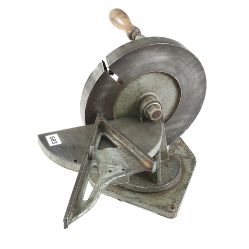 683 - A lead mitre trimming wheel with adjustable fence, lacks iron G+