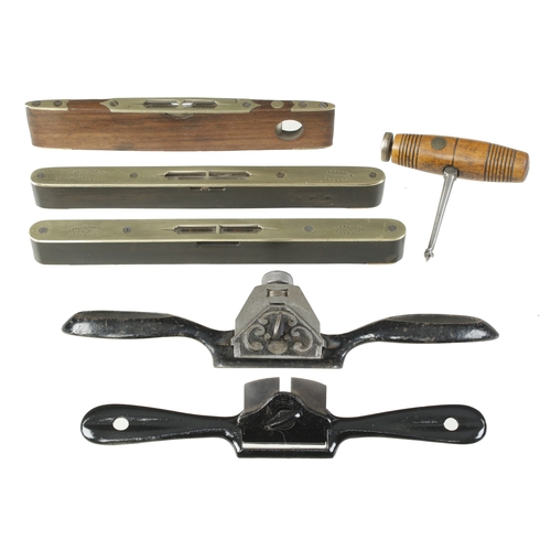 109 - PRESTON Nos 139H and 79 spokeshaves, tool handle and two rosewood levels G+