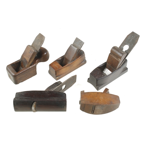 153 - A pair of rosewood H & R smoothers, a beech compass plane and two others (one wedge replaced) G