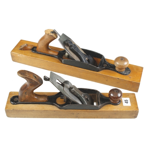 45 - A wood bottom jack plane by STANLEY No 28 and another by SARGENT No 841 (one damaged handle spur) G+