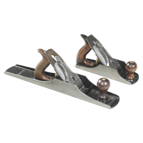 412 - STANLEY Bedrock Nos 604 1/2 and 606 tall knob bench planes with English irons, repainted G