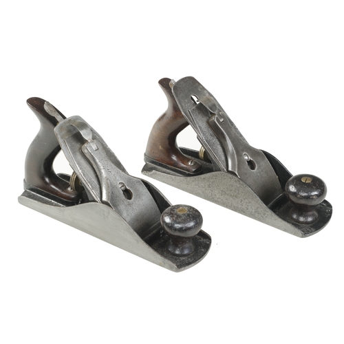 413 - Two early STANLEY No 4 1/2 low knob smoothers with pre adjustable frogs, English irons G