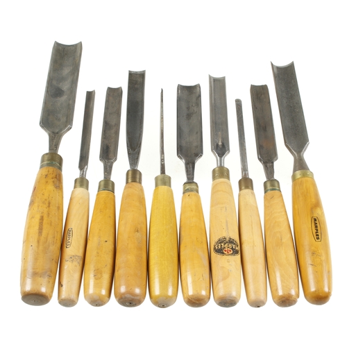 438 - Ten gouges with boxwood handles mainly by MARPLES G+