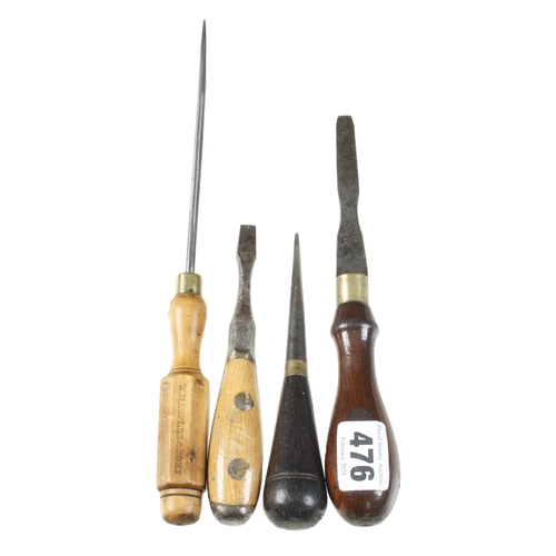 476 - Two screwdrivers by MARPLES another Perfect Pattern and an awl G++