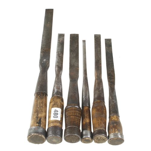 480 - Six early socket chisels with hooped handles G