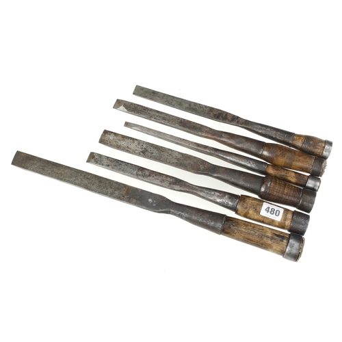 480 - Six early socket chisels with hooped handles G