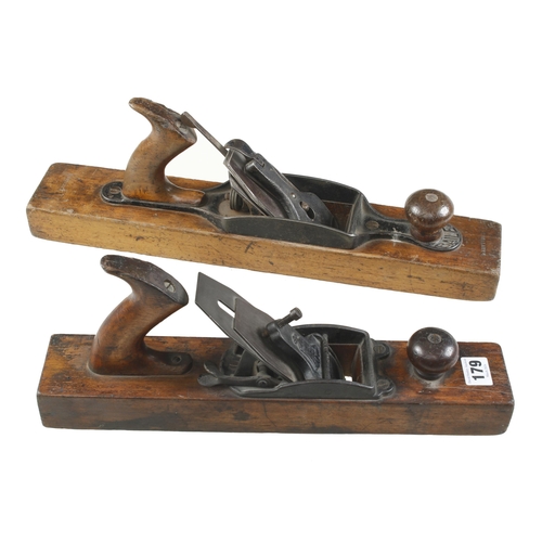 179 - Two STANLEY wood bottom jack planes Nos 127(replaced lever screw) and No 28 G