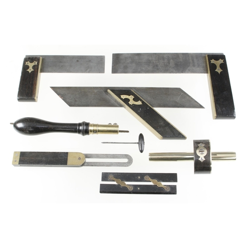 186 - Eight ebony and brass tools G+