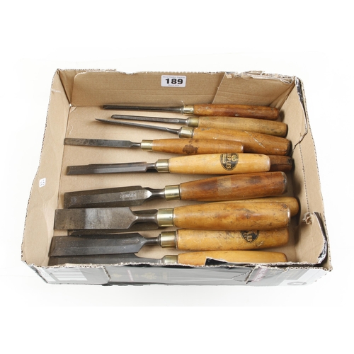 189 - 12 bevel edge chisels with boxwood handles G+