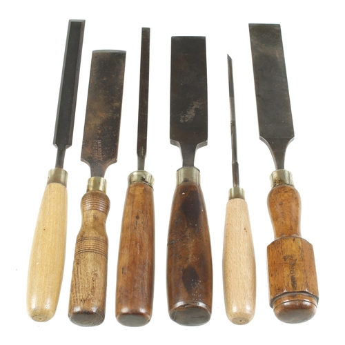 192 - Six long and bevel edge paring chisels G+