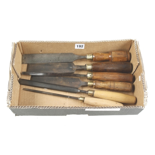 192 - Six long and bevel edge paring chisels G+