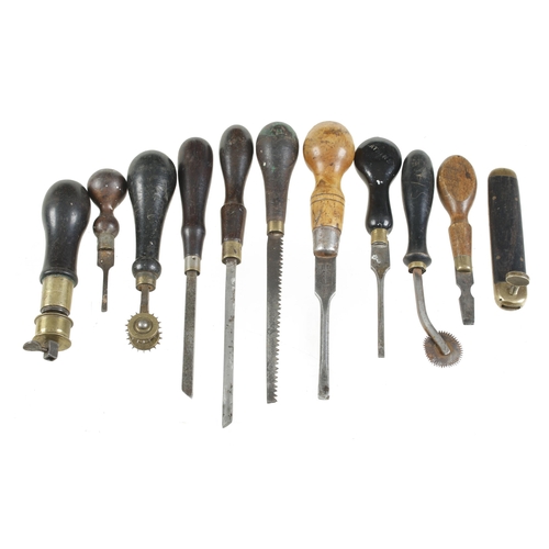 209 - A small ebony and brass bow drill (lacks handle tip) and 10 other small tools G