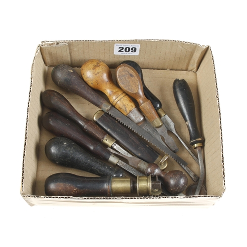 209 - A small ebony and brass bow drill (lacks handle tip) and 10 other small tools G