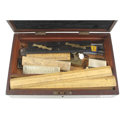 216 - A set of German silver drawing instruments and various rules in lockable mahogany box G