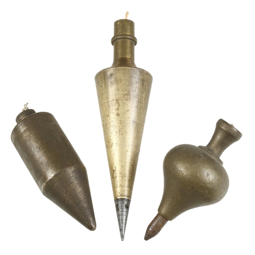 224 - Three brass topped plumb bobs G++