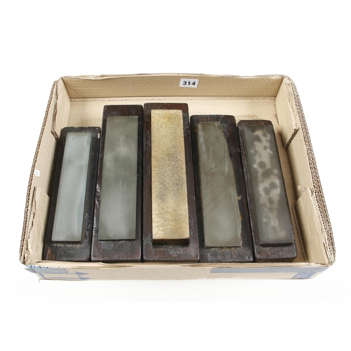 314 - Five boxed natural oilstones inc. one Washita G+