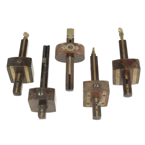 638 - Five rosewood and brass mortice gauges G++