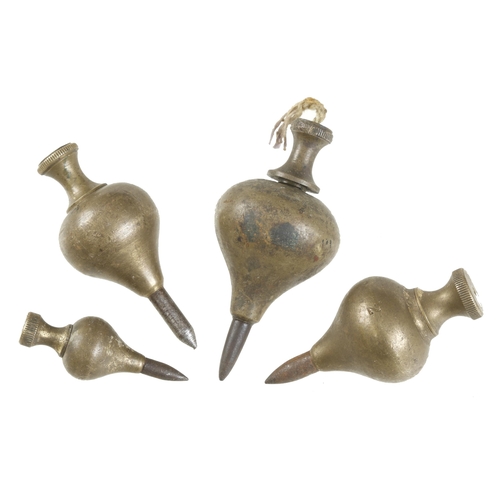 682 - Four steel tipped brass plumb bobs 1 3/4