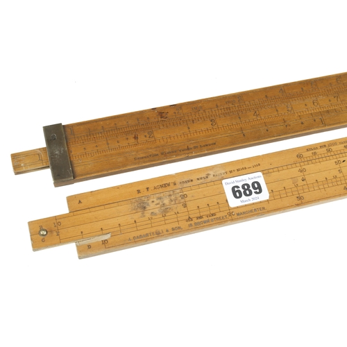 689 - A 2' boxwood and brass slide rule by DRING & FAGE marked Inland Revenue and an Agnew's slide rule by... 