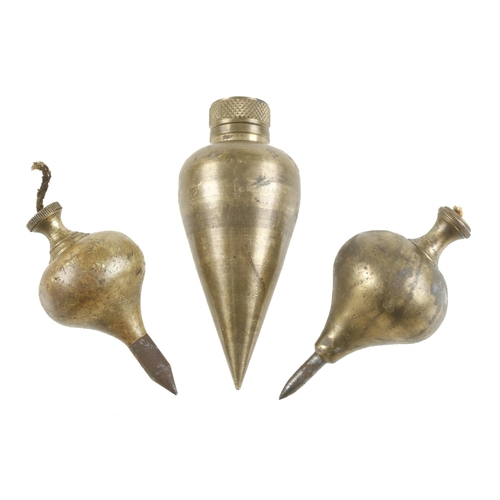 91 - Two onion shaped steel tipped brass plumb bobs and a conical bob 3 1/2