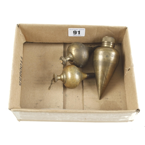 91 - Two onion shaped steel tipped brass plumb bobs and a conical bob 3 1/2