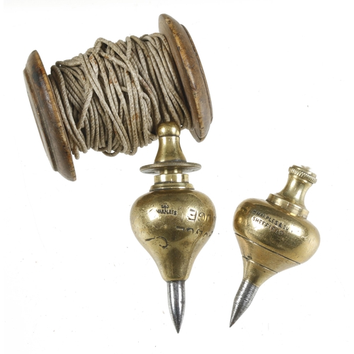 875 - Two small brass plumb bobs by MARPLES G+