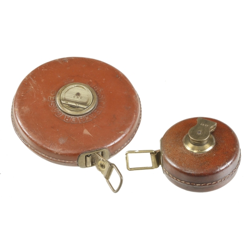 880 - Two leather cased measuring tapes 66' with Railway Measuring Tape with Links and Poles on the revers... 