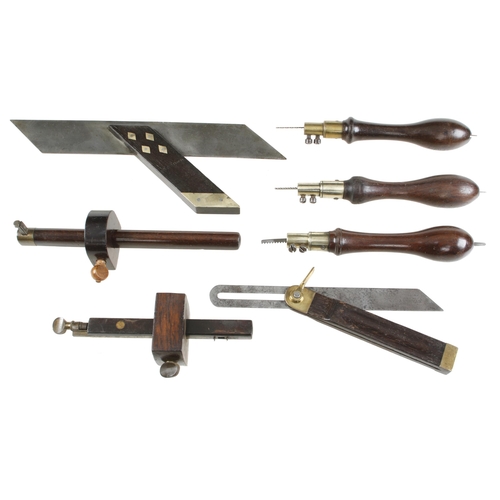 12 - Seven rosewood and brass tools incl. slitting, mortice and bevel gauges, 3 pad saws and a mitre squa... 