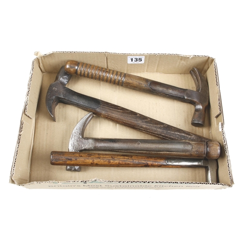 135 - Four strap hammers, one with strap extending almost the whole handle length, a gardener's hammer wit... 