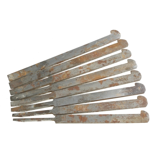 151 - A set of 8 little used plough irons by HILDICK, a little light rust G