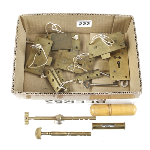 222 - Five brass cabinet locks with keys, two glass cutters and a small level G