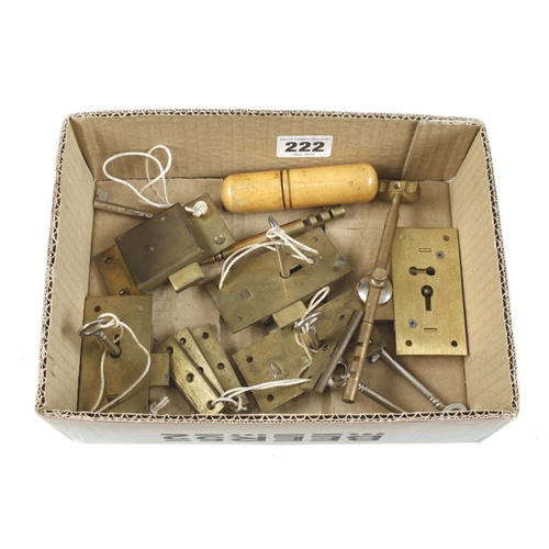 222 - Five brass cabinet locks with keys, two glass cutters and a small level G